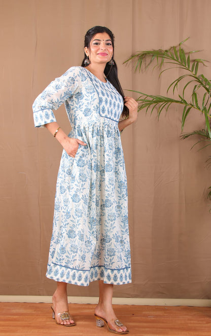 Blue Grey Floral Ethnic Anarkali Kurta Casual Wear