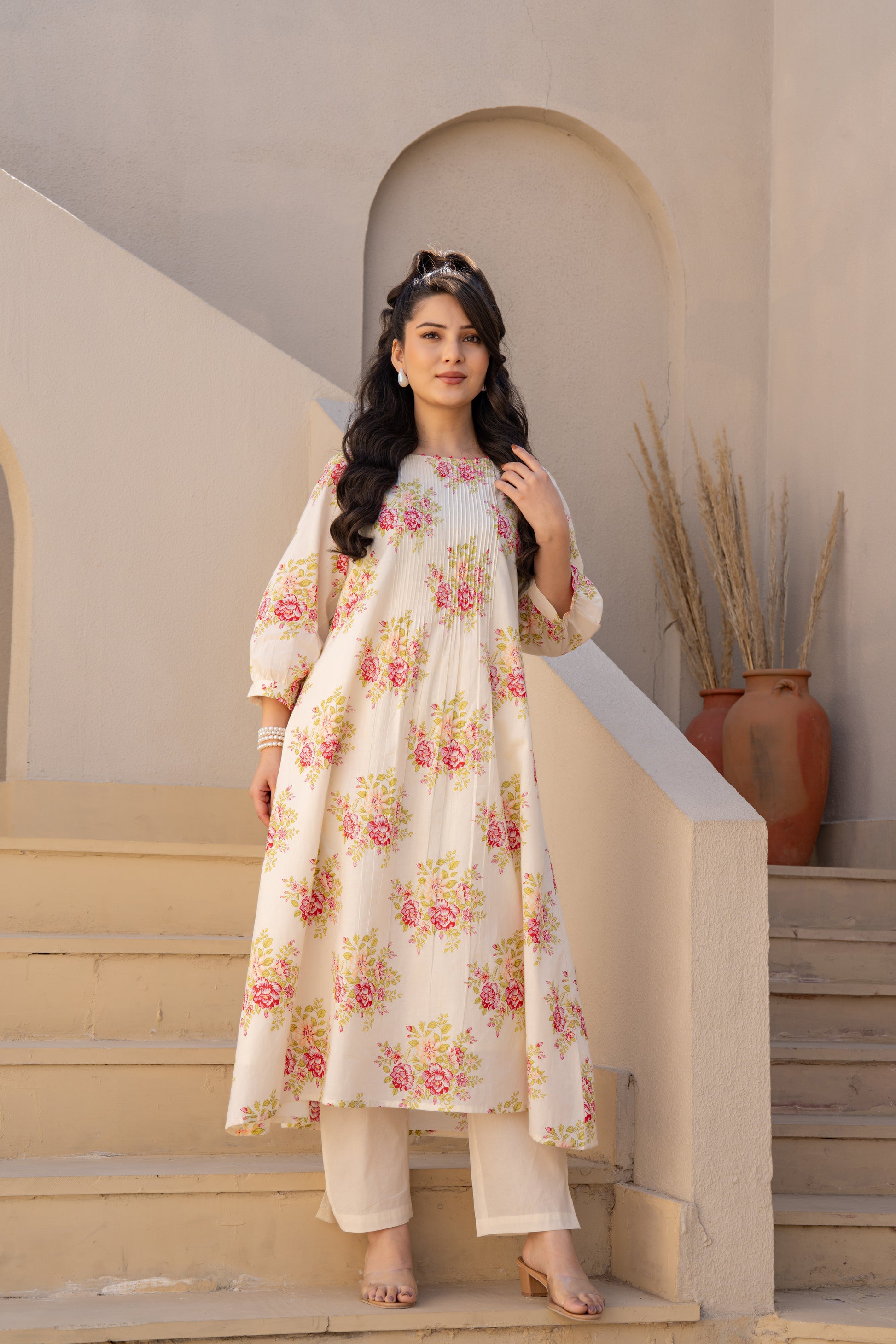 Women caramel floral cotton A-line kurta set
