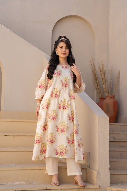 Women caramel floral cotton A-line kurta set