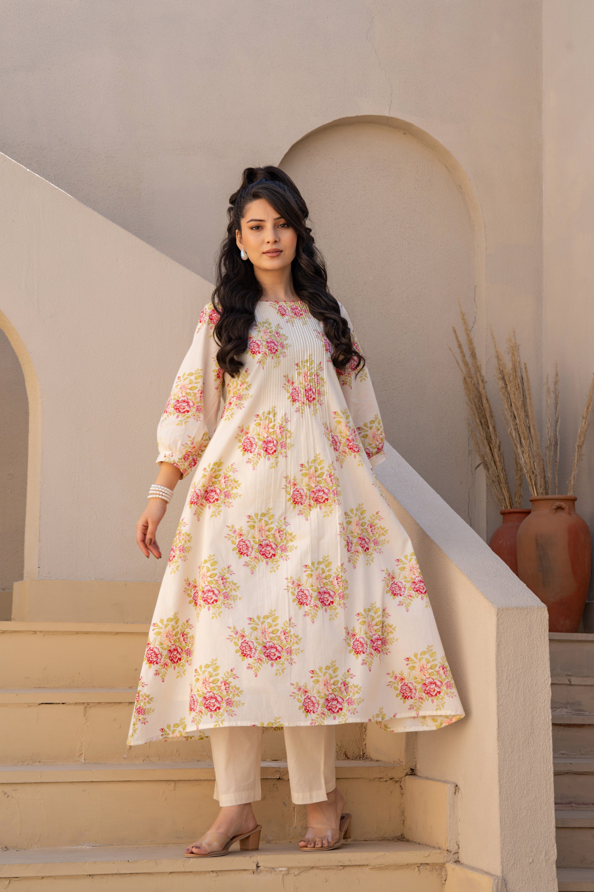Caramel printed cotton kurta pant set casual wear