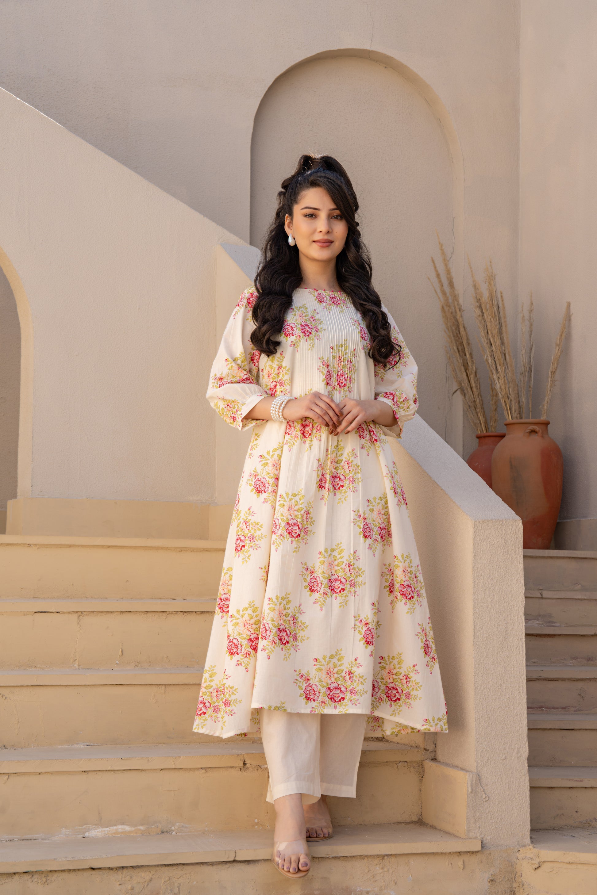 Caramel floral cotton kurta pant set for women