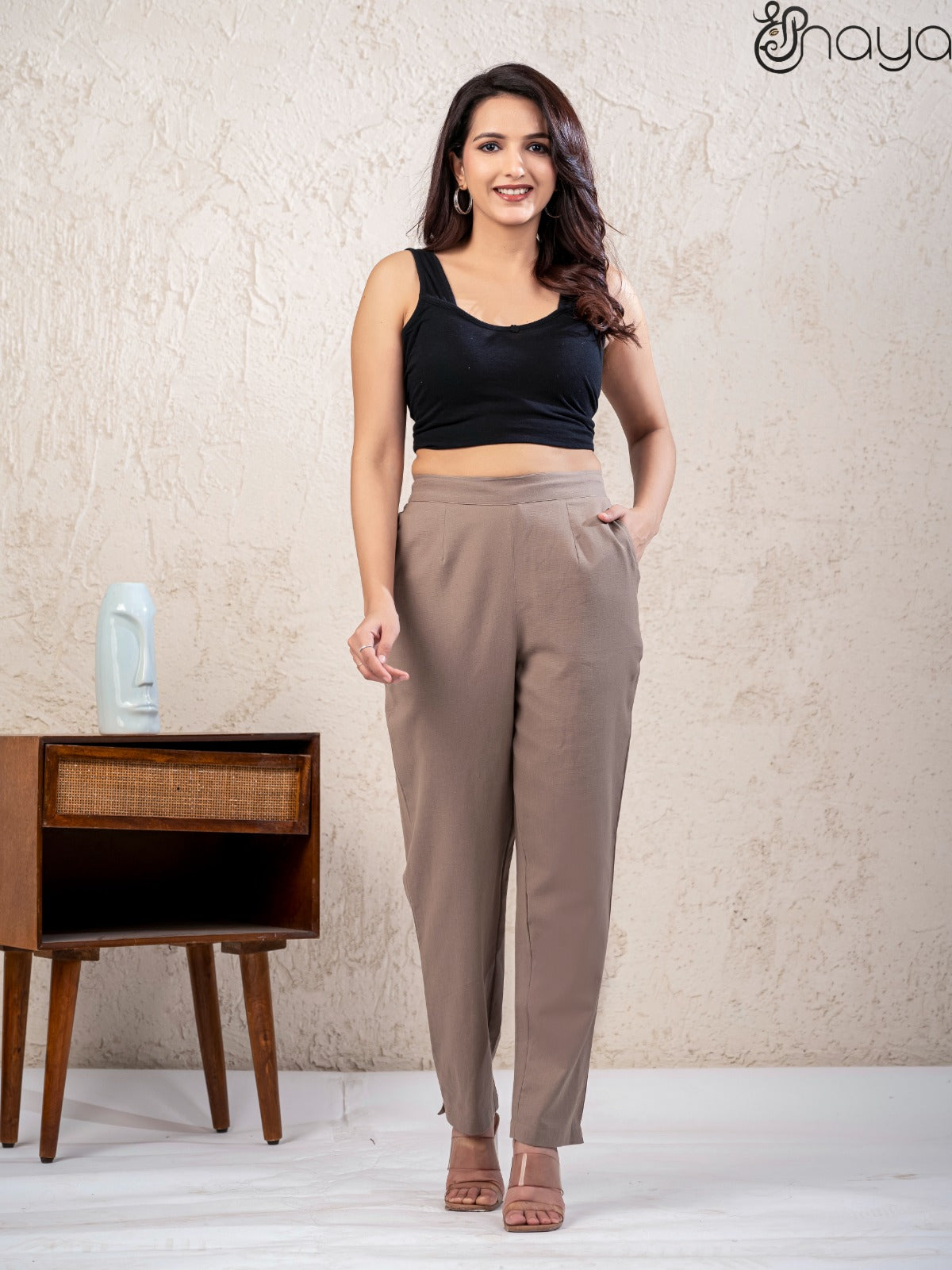 Women cement grey cotton linen pants casual wear