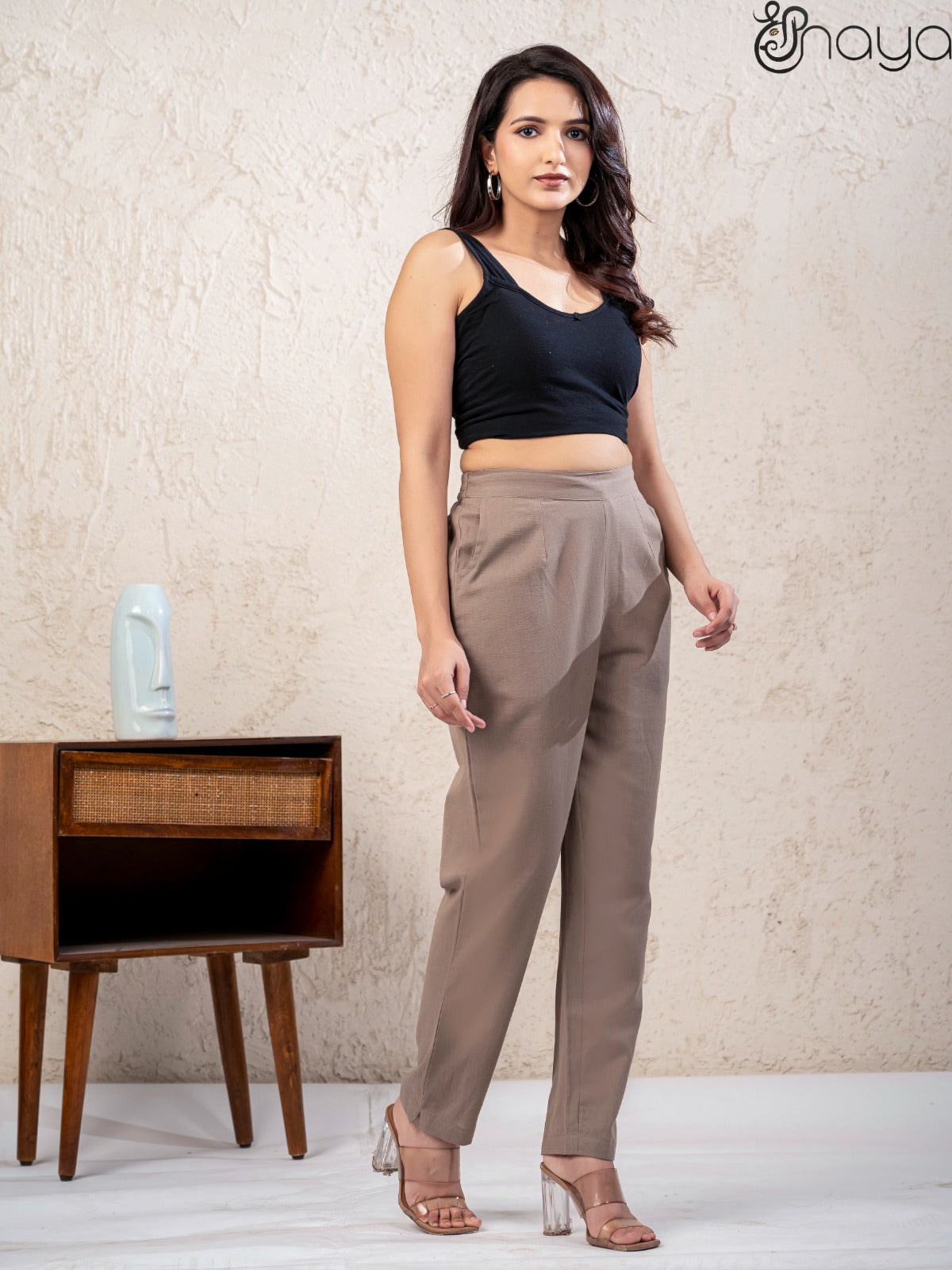 Cement grey linen pants for women straight fit