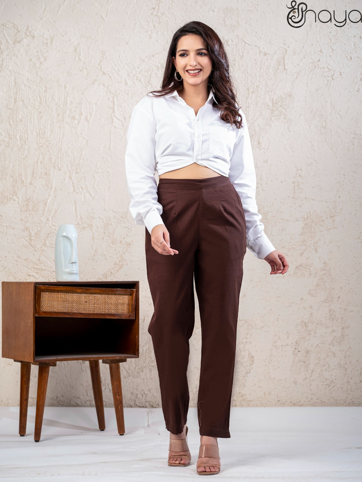 Chocolate brown linen pants for women straight fit