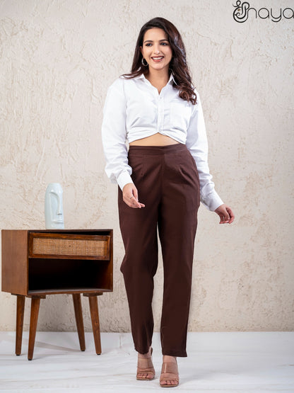 Chocolate brown linen pants for women straight fit