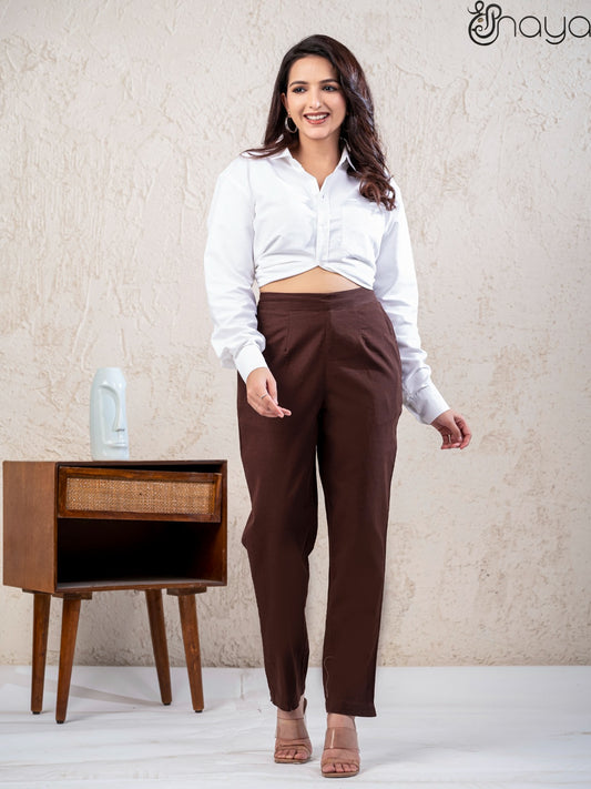 Chocolate brown linen pants for women straight fit