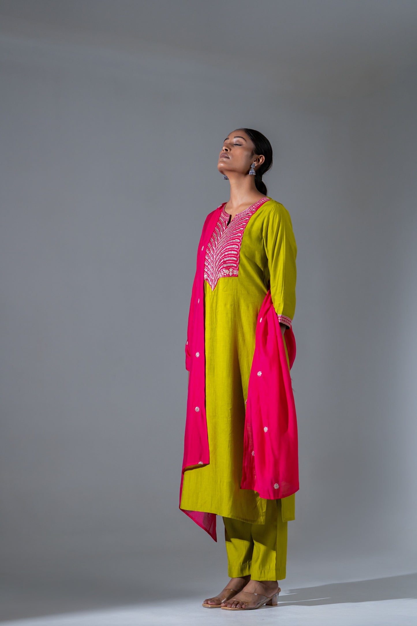 Florescent green muslin kurta pant dupatta set for women