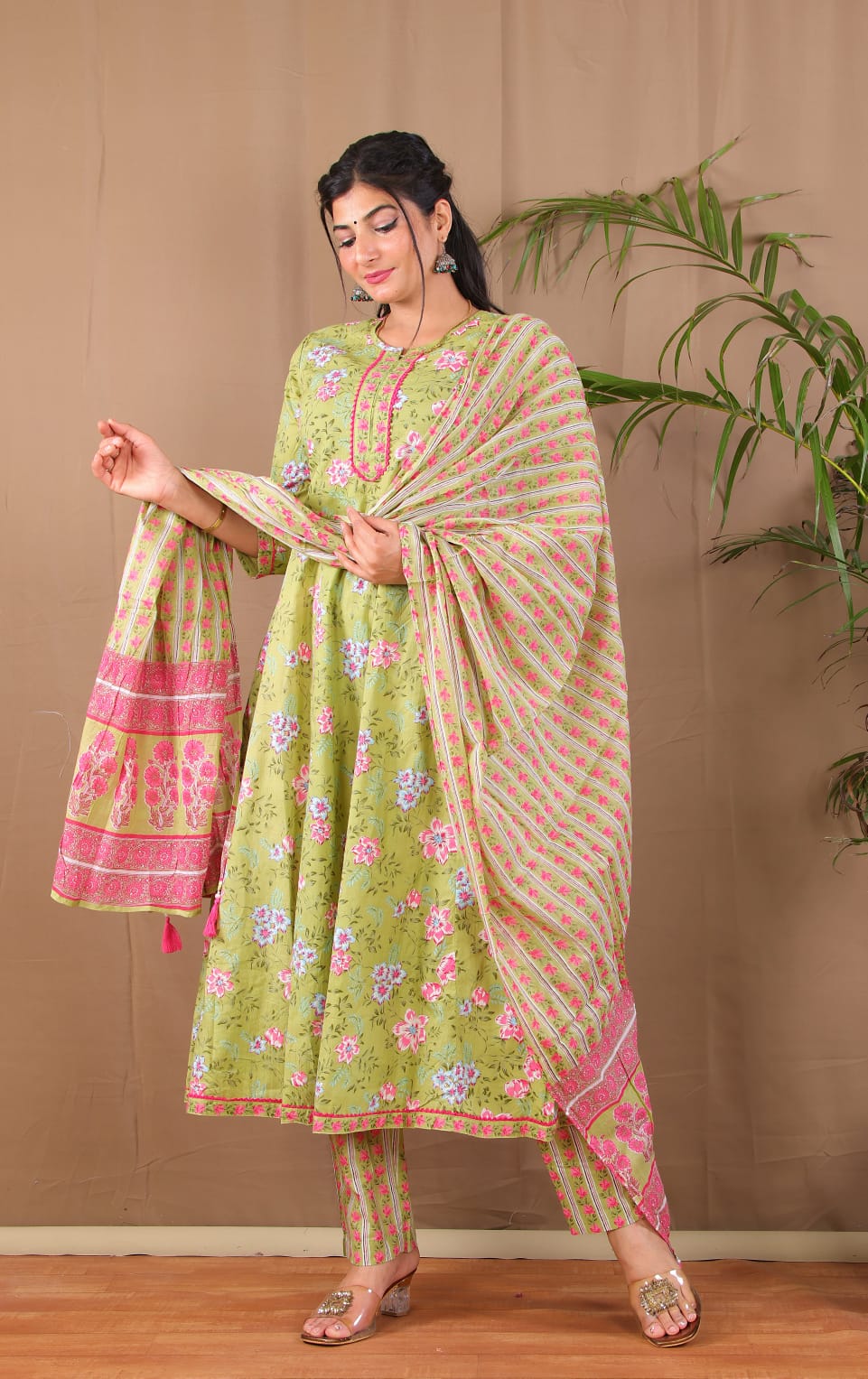 Green Floral Printed Anarkali Kurta Set with Dupatta