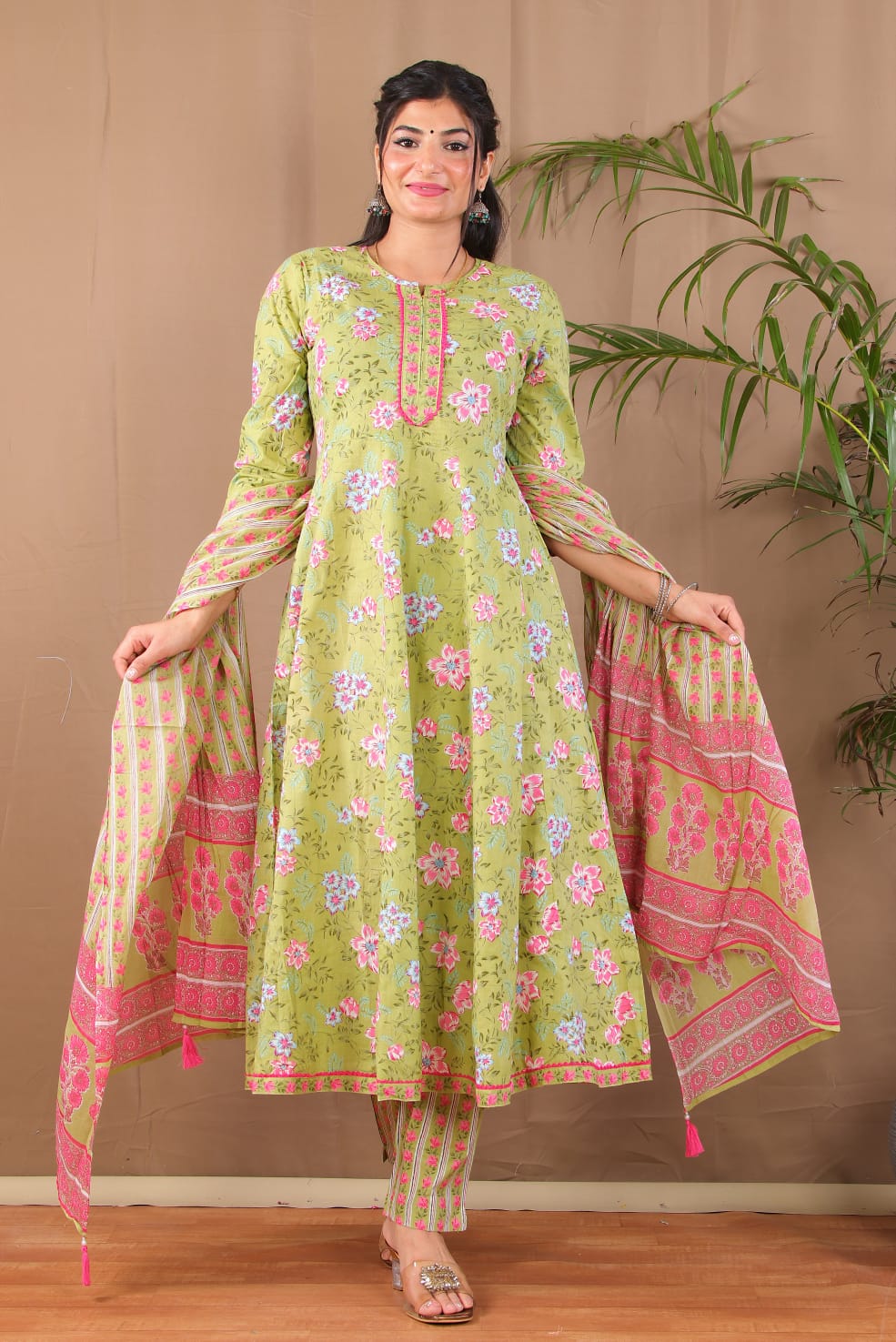 Green Floral Ethnic Anarkali Suit Set Casual Wear