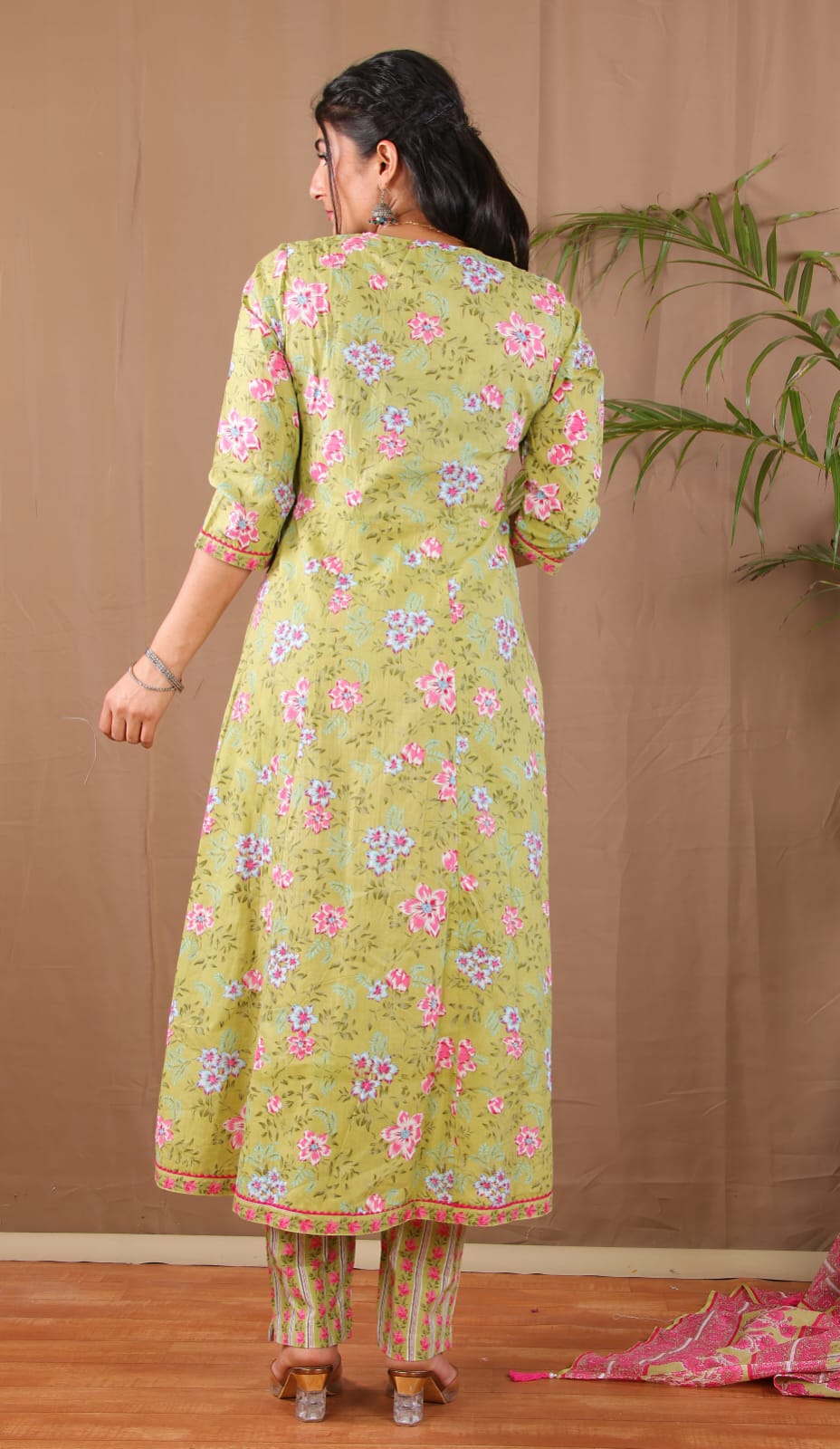 Green Floral Printed Anarkali Suit Set for Women