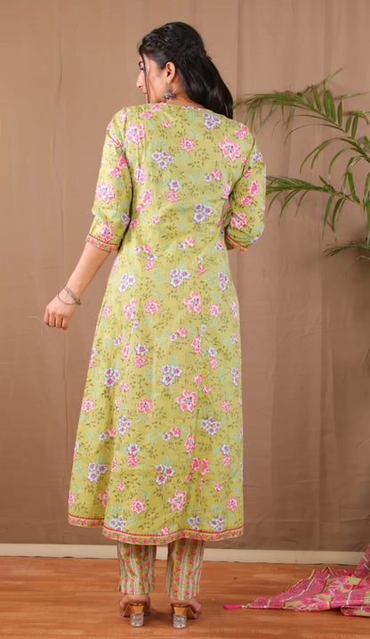 Green Floral Printed Anarkali Suit Set for Women