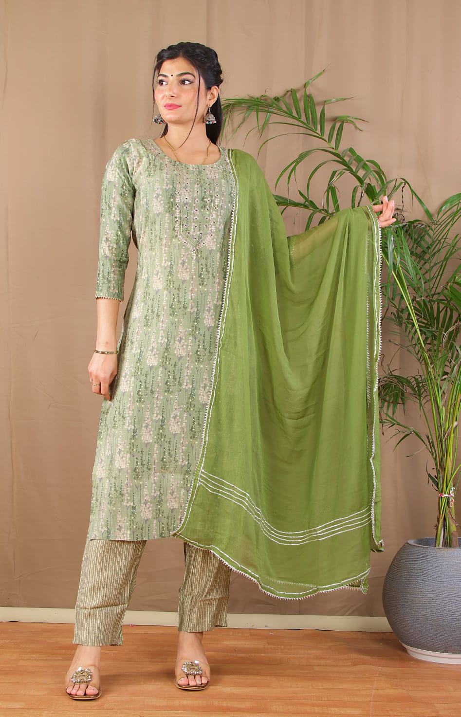 green pittan work kurta pant dupatta set muslin fabric