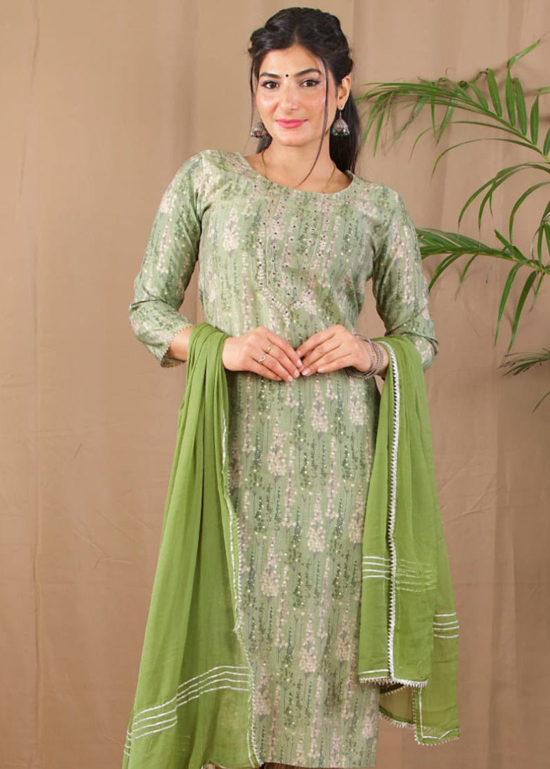 buy green pittan kurta set with pant and dupatta for women