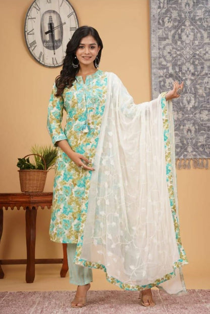 buy green cotton kurta set with lehariya pant and dupatta