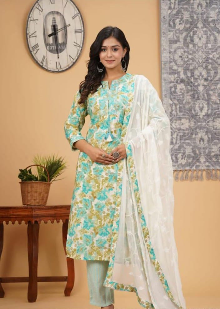 green printed kurta lehariya pant dupatta set for women