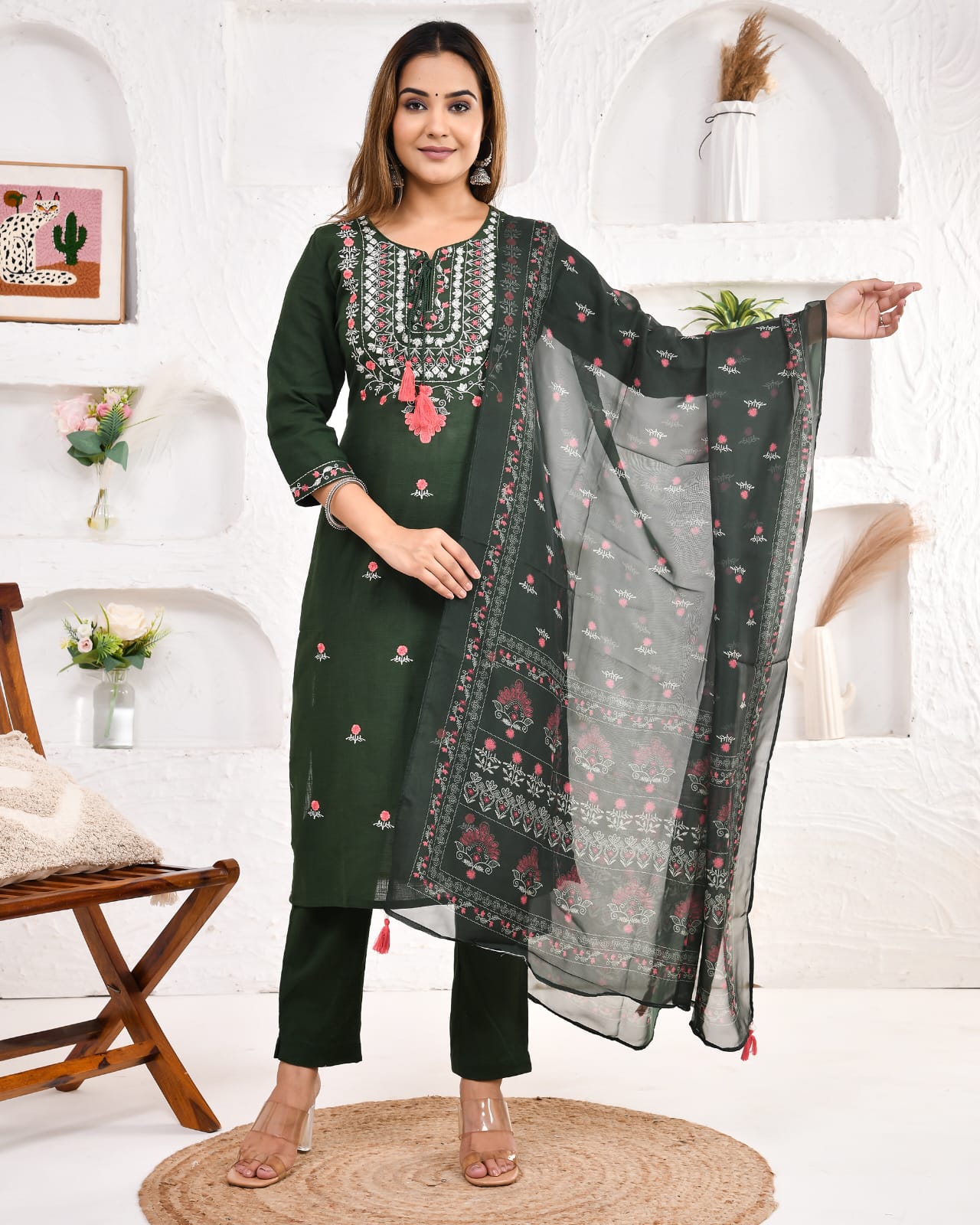 buy green cotton printed kurta set with pant and dupatta