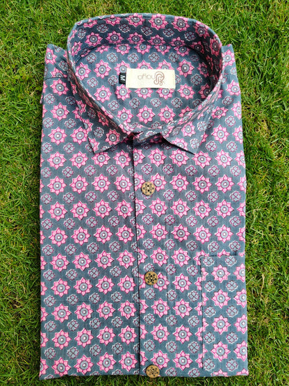 Grey Pink Floral Print Cotton Regular Fit Casual Shirt (Half Sleeves)