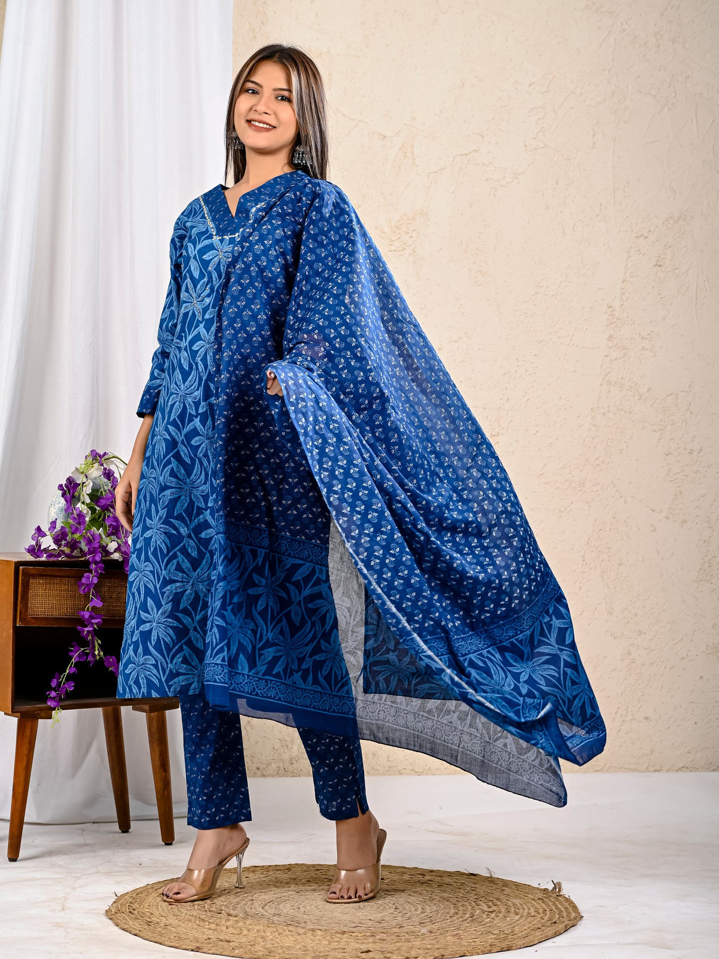 Indigo printed straight kurta pant dupatta ethnic wear