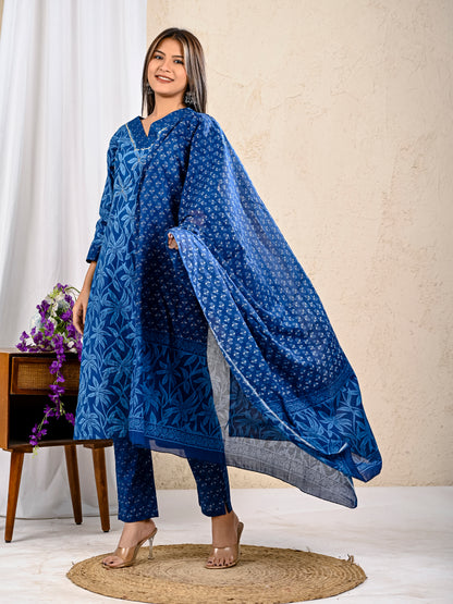 Indigo printed straight kurta pant dupatta ethnic wear