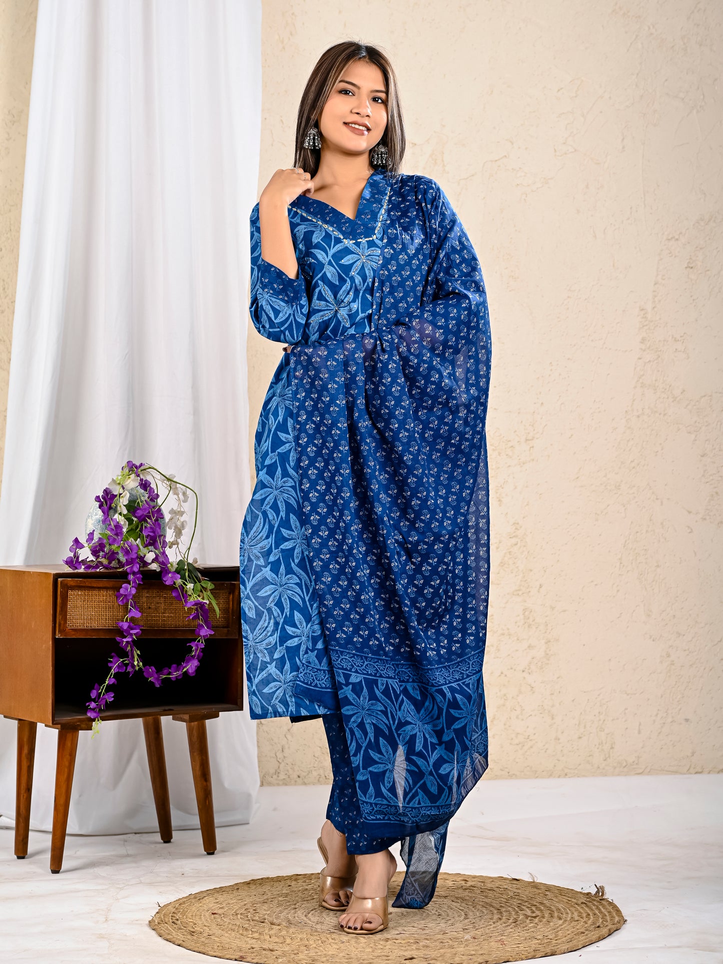 Indigo cotton kurta pant dupatta daily wear outfit