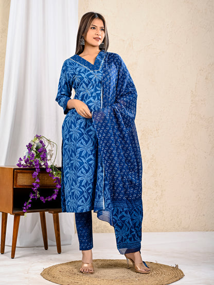 Elegant indigo cotton kurta pant dupatta outfit