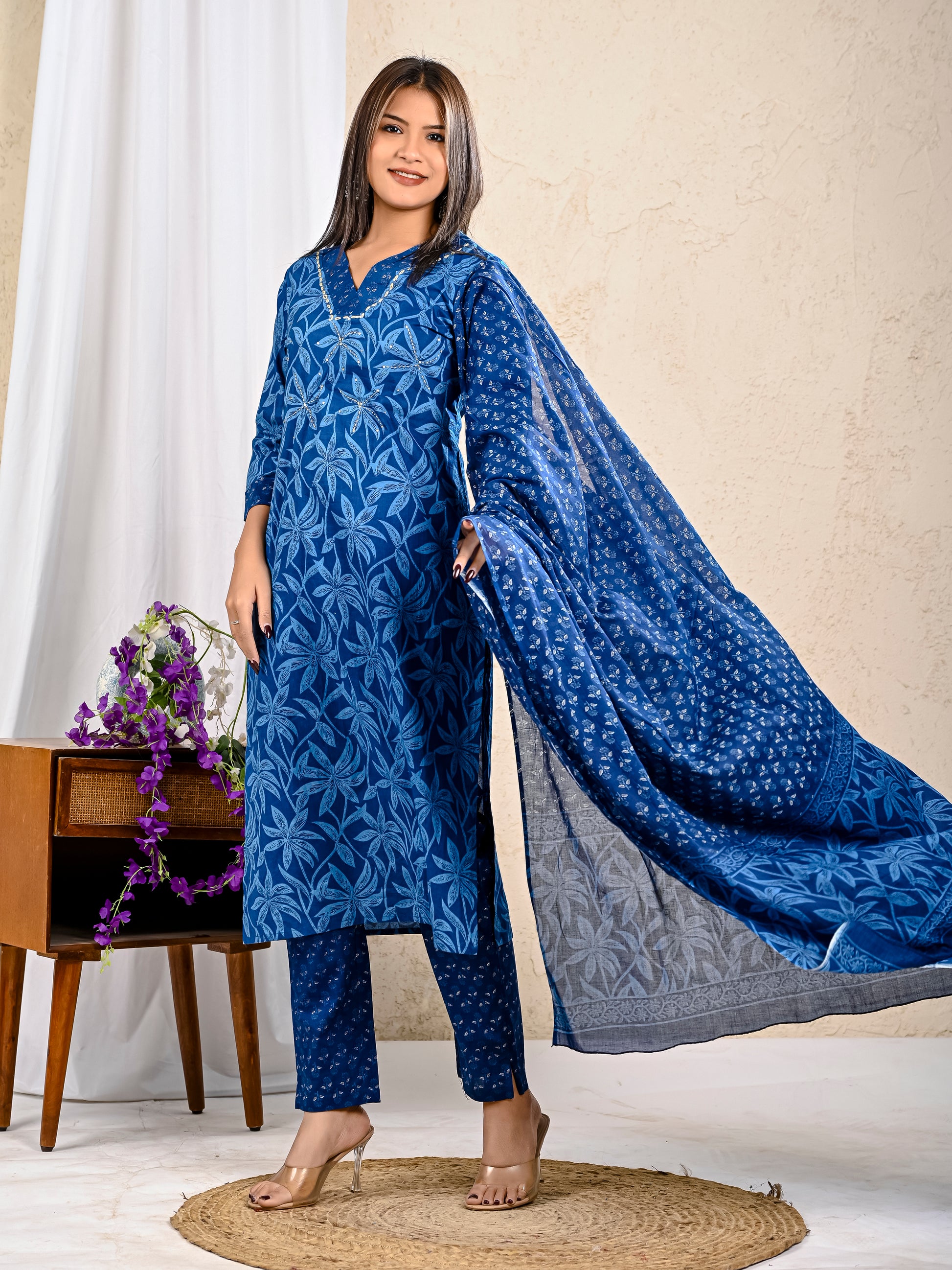 Women indigo cotton kurta set with dupatta