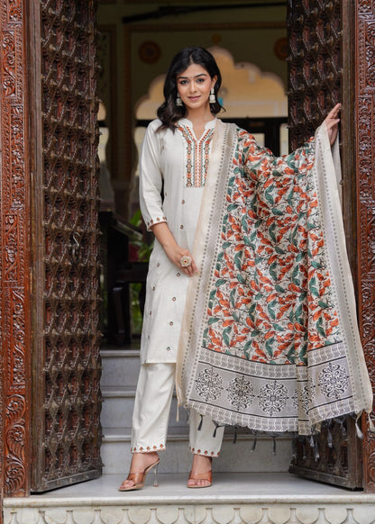 white green embroidered kurti pant dupatta set for women