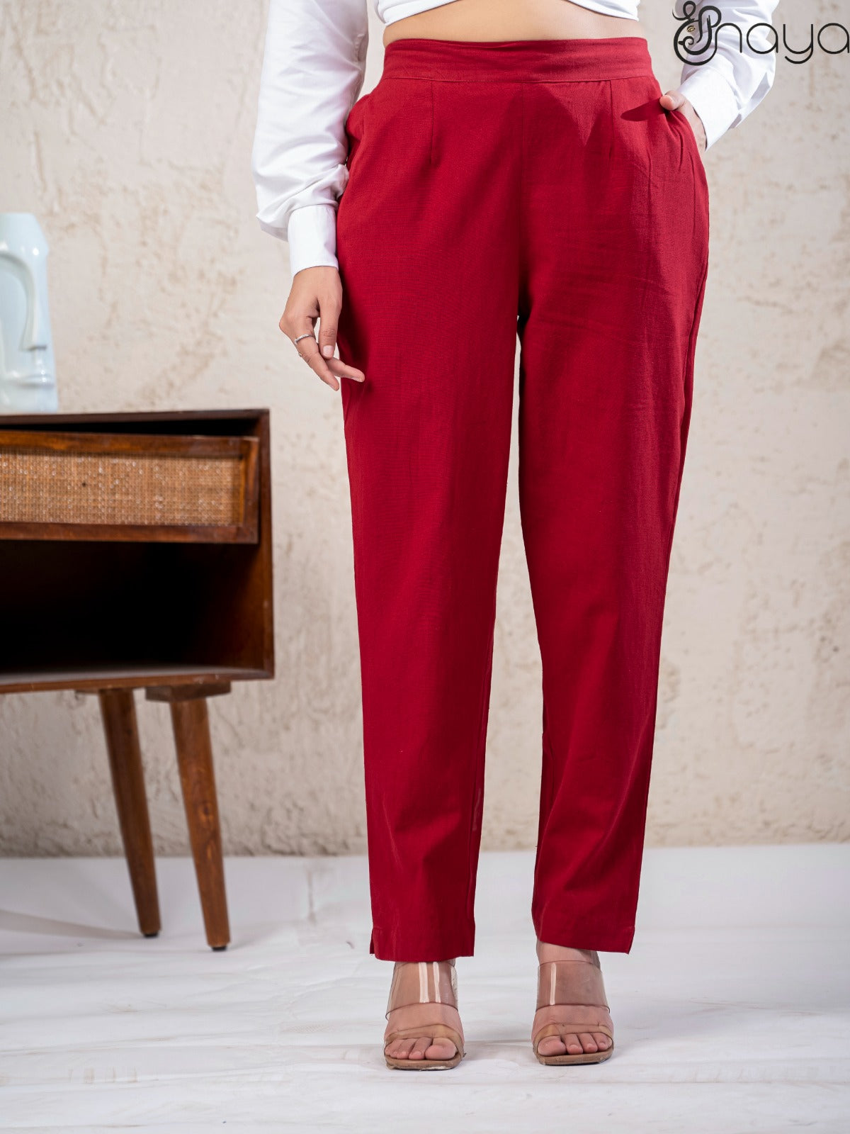 Maroon cotton linen straight fit pants daily wear
