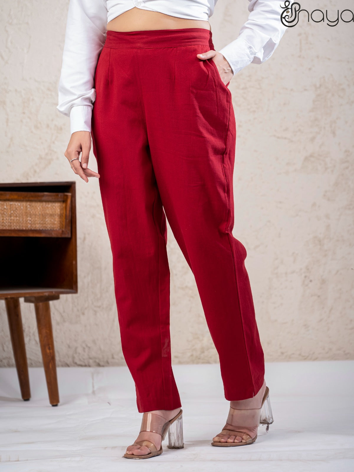 Comfortable maroon linen pants breathable fabric