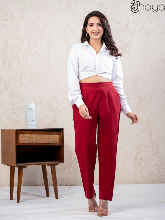Maroon linen pants for women straight fit