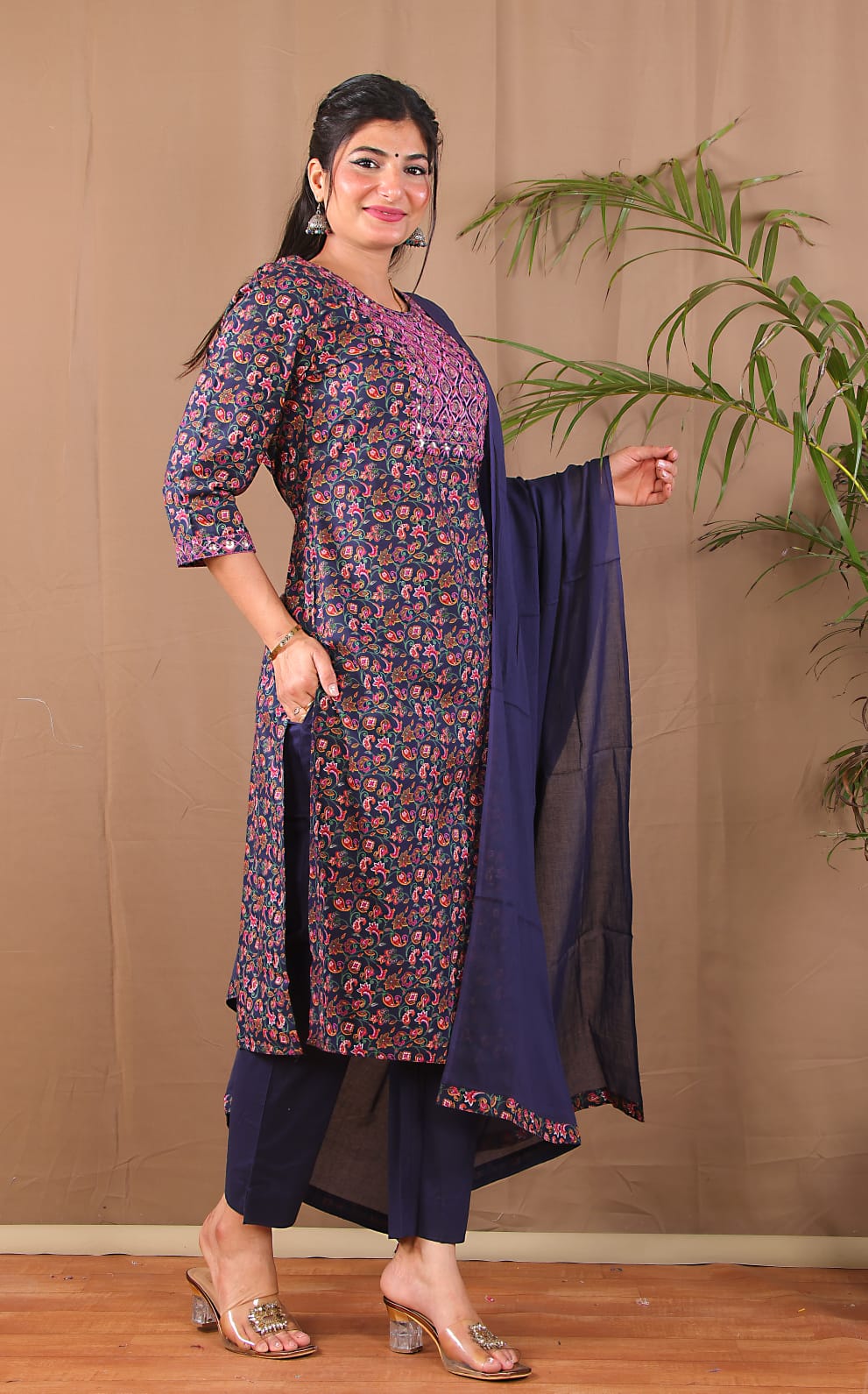 Stylish navy blue kurta pant dupatta ethnic wear