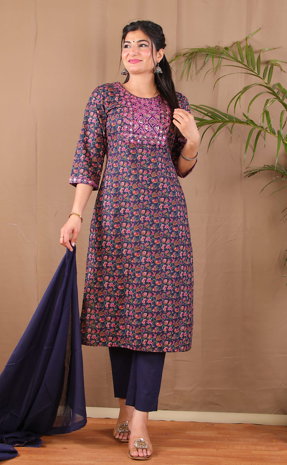 Navy blue bhandej kurta pant dupatta embroidered set
