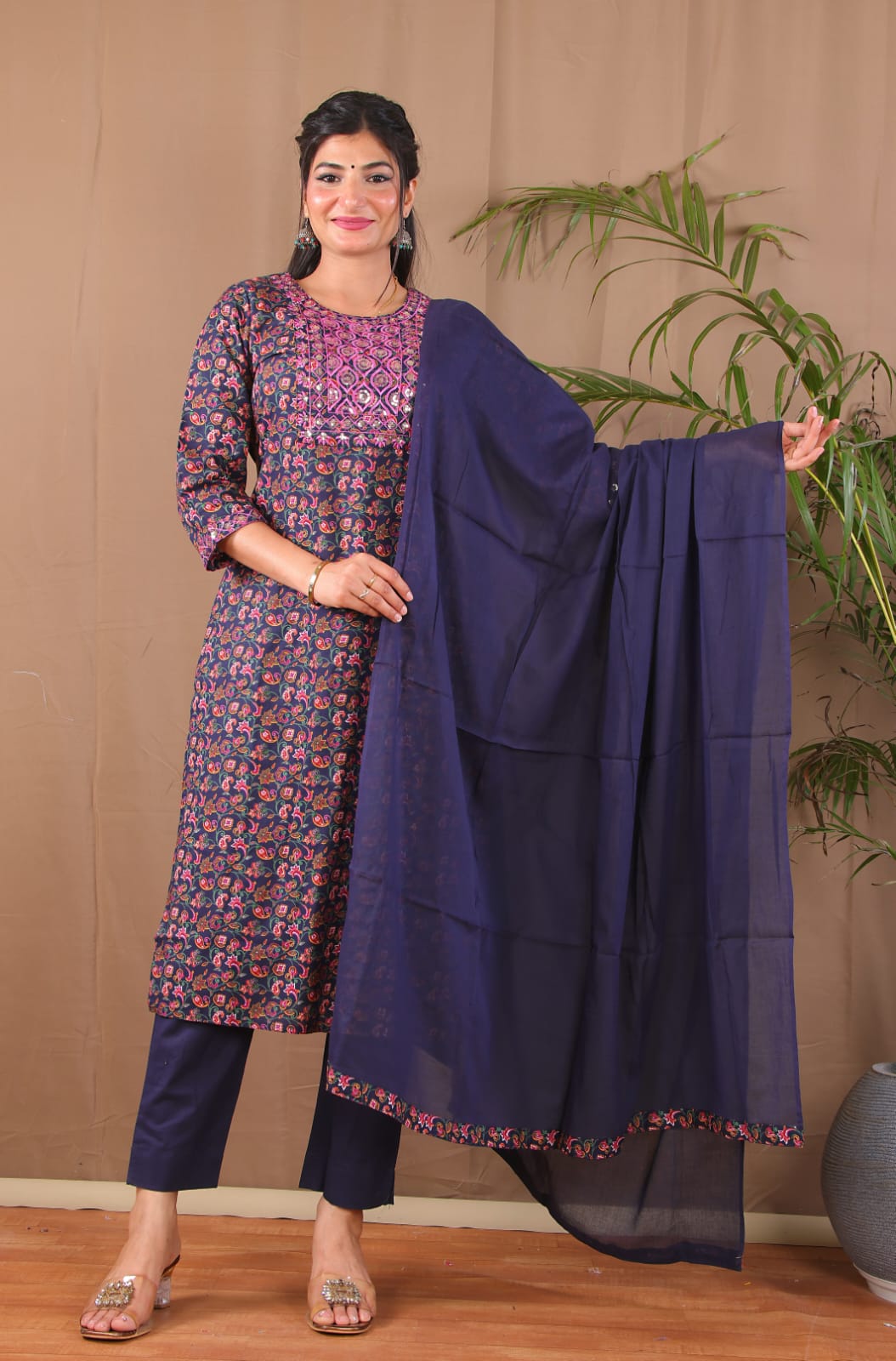 Women navy blue cotton kurta set with dupatta