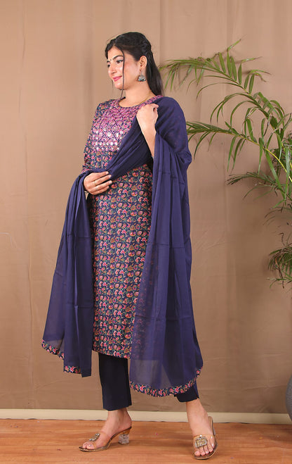 Navy blue kurta pant dupatta set for women