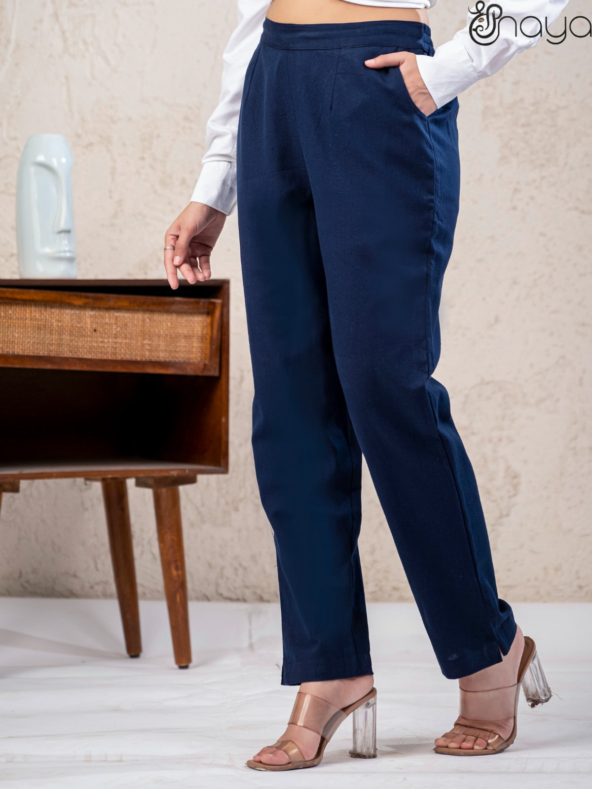 Navy blue cotton linen straight fit pants daily wear