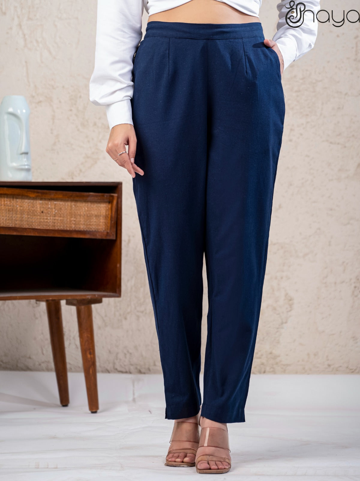 Women navy blue cotton linen pants casual wear