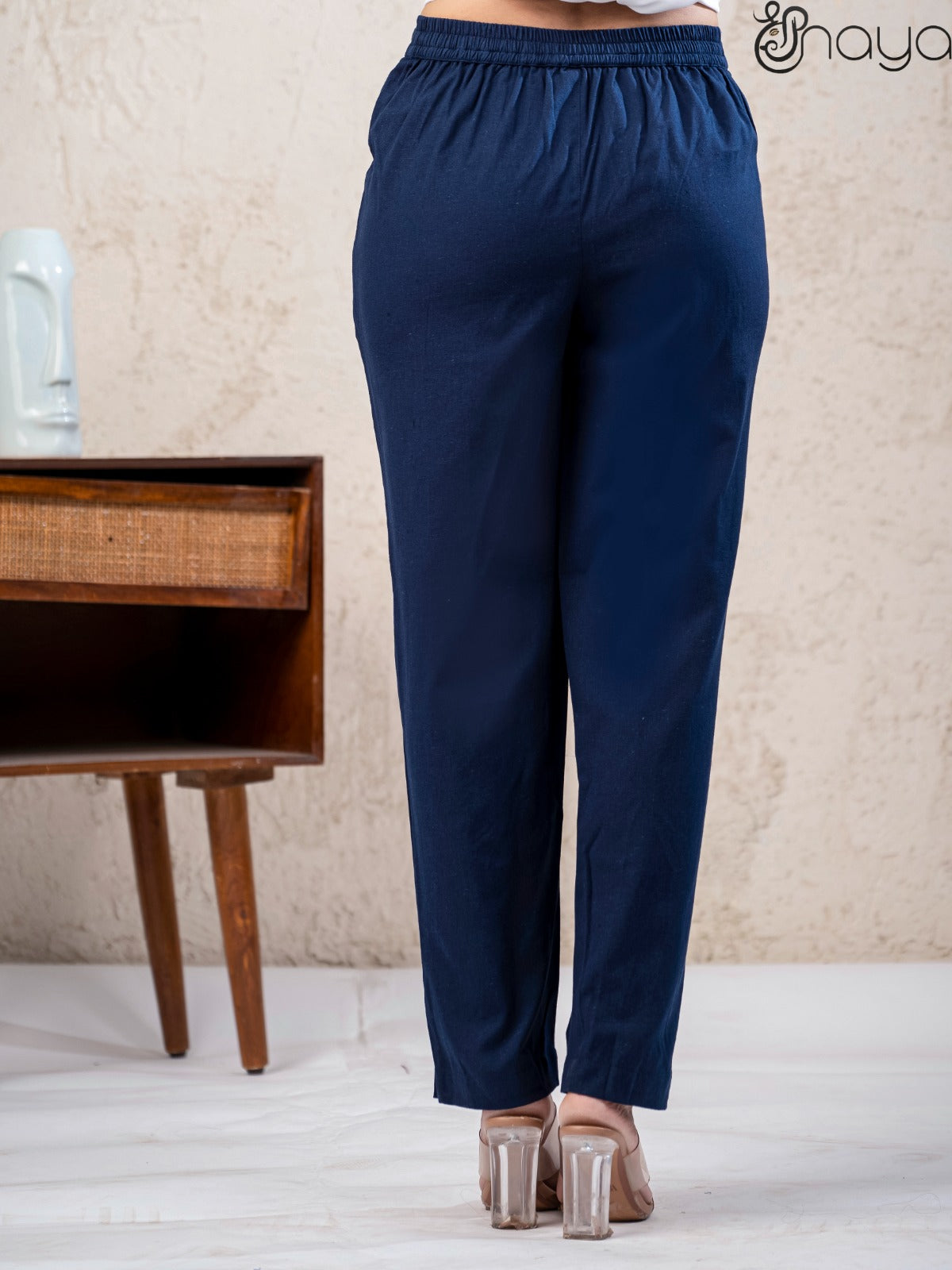 Navy blue linen pants for women straight fit