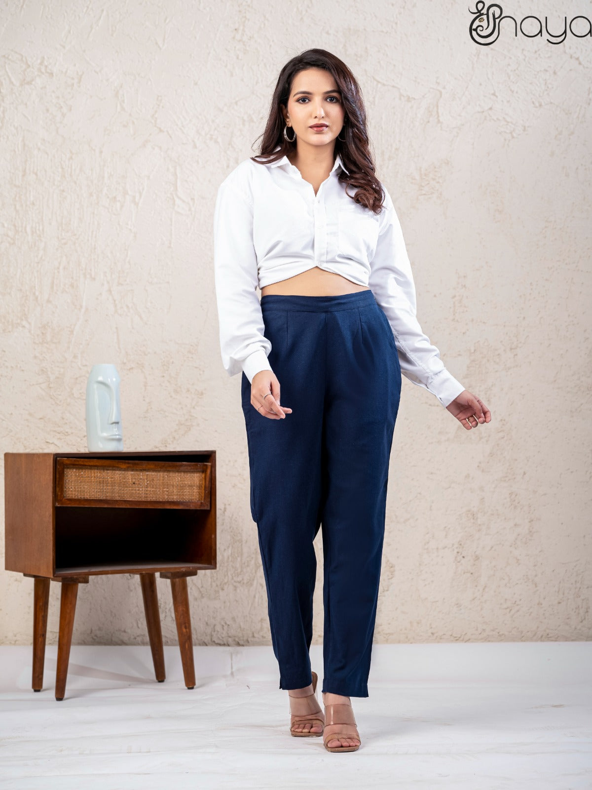 Women navy blue linen pants office wear