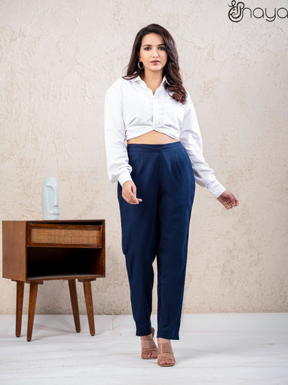 Women navy blue linen pants office wear