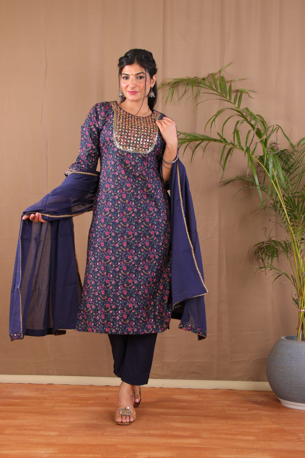 Stylish navy blue kurta pant dupatta ethnic wear