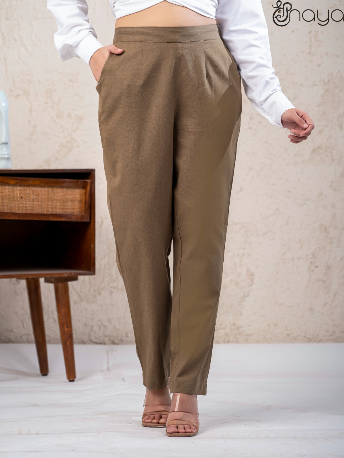 Women olive linen pants casual office wear