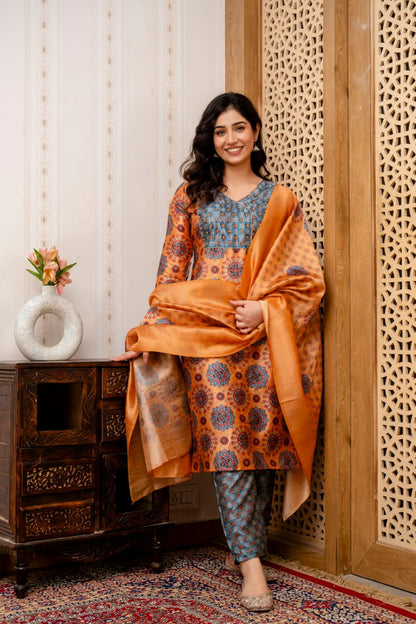 orange grey Manipuri silk printed kurta pant dupatta set