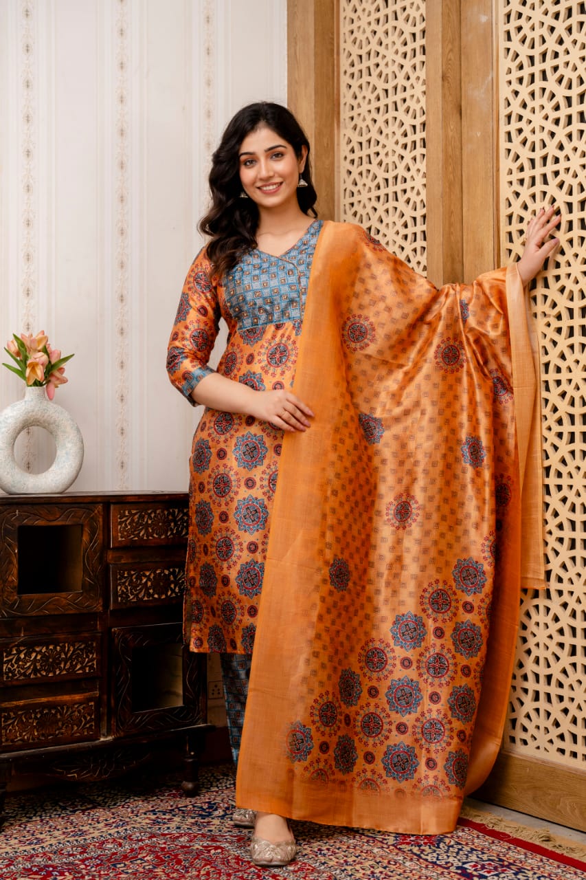 stylish orange grey silk kurta set ethnic wear