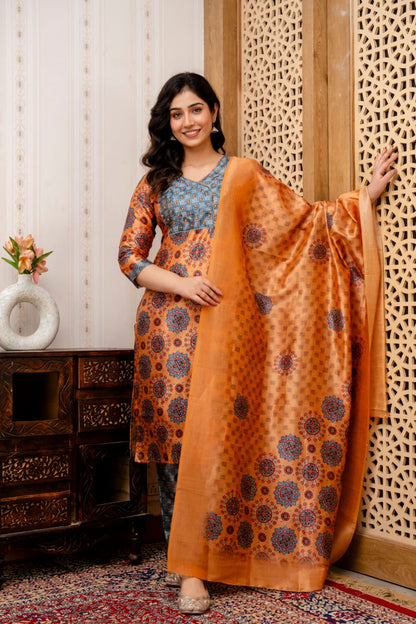 stylish orange grey silk kurta set ethnic wear