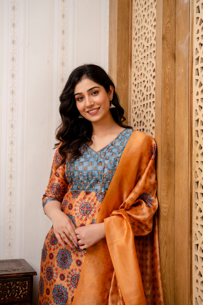 orange grey silk kurta set traditional wear