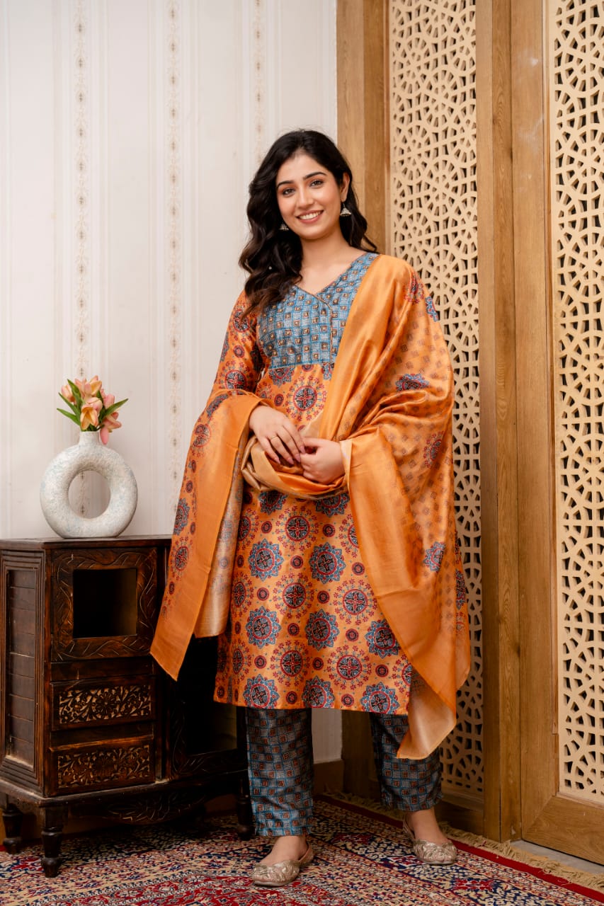 women orange grey ethnic kurta set premium style