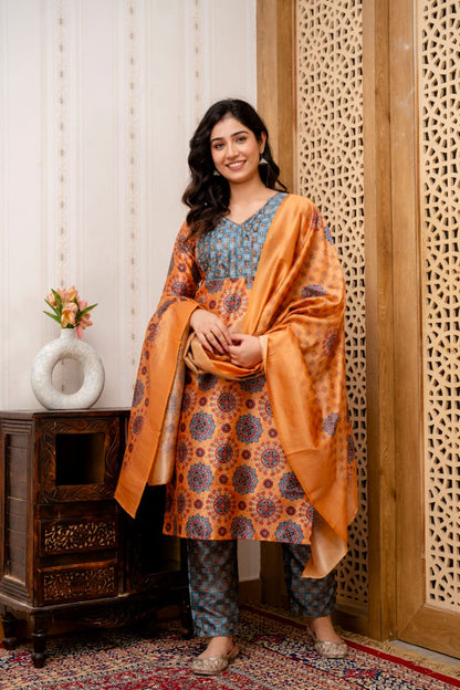 women orange grey ethnic kurta set premium style