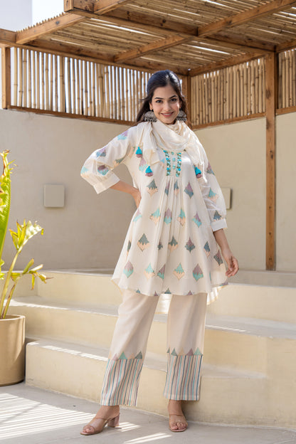 Women pastel geometric kurta set breathable cotton fabric