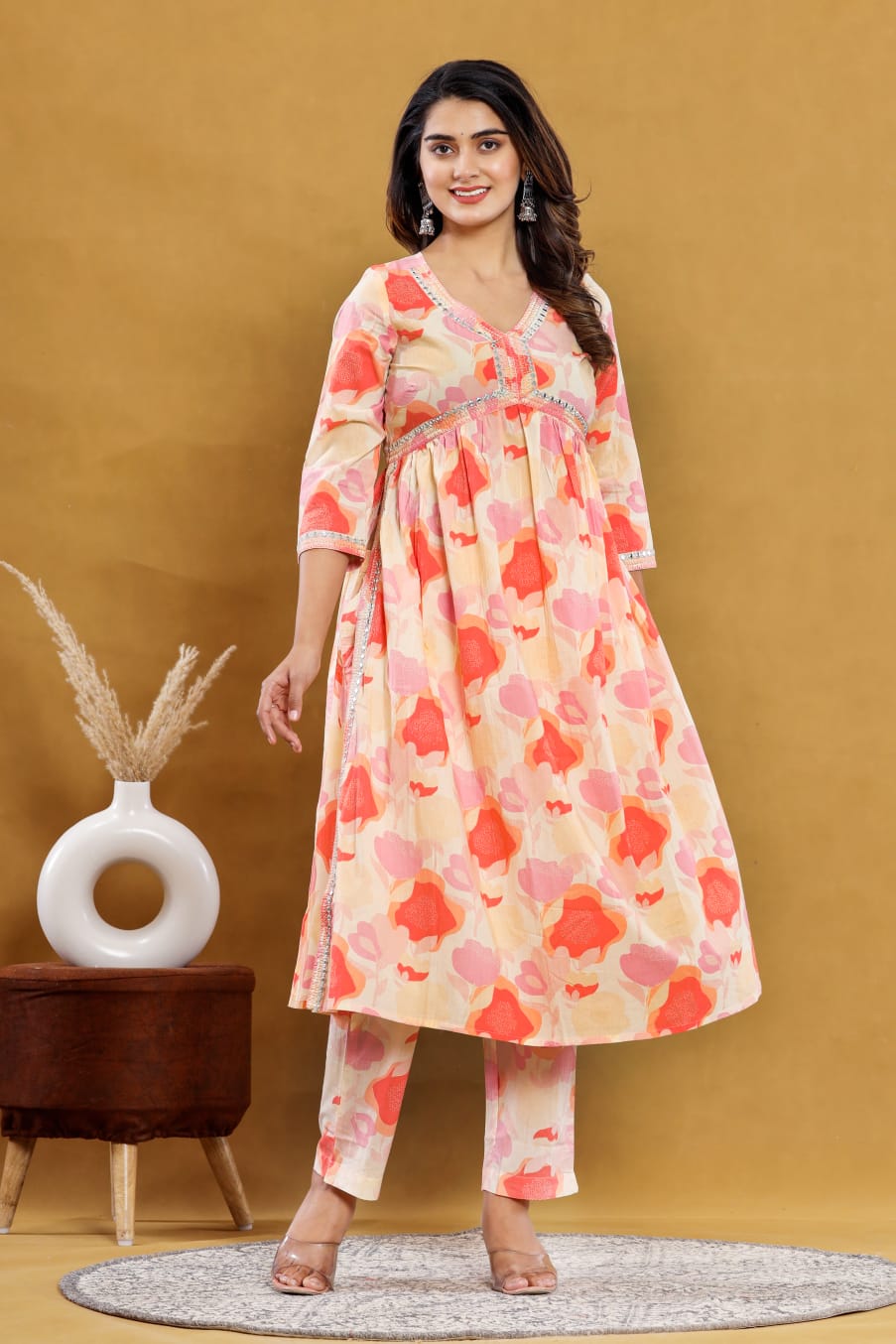peach alia cut kurta front design detail
