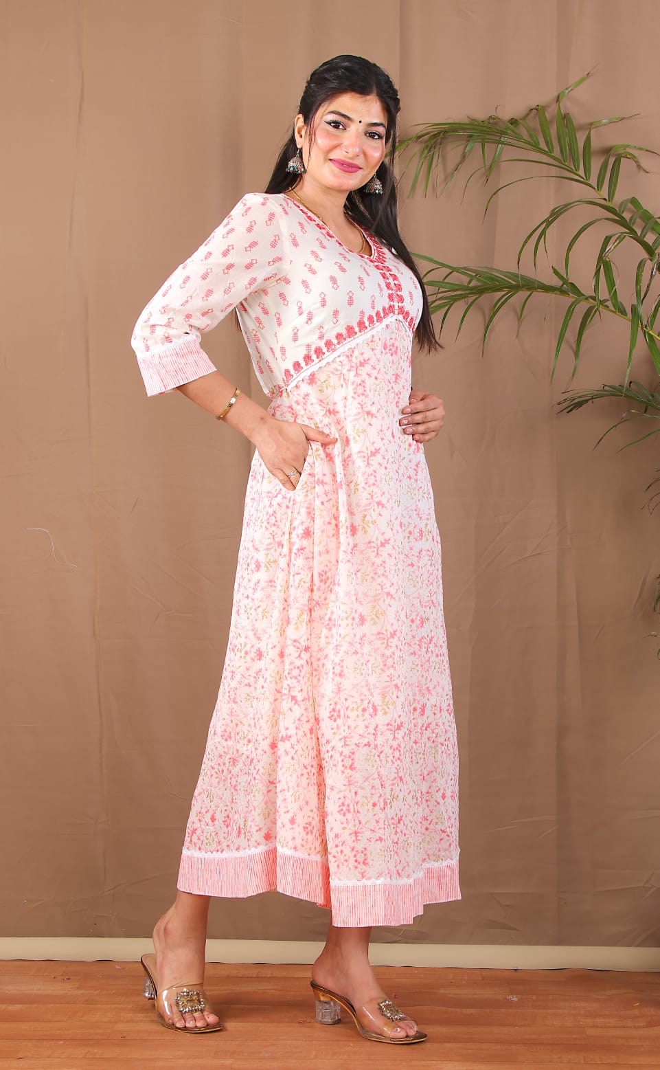 Peach Orange Printed Alia Cut Kurta Set for Women